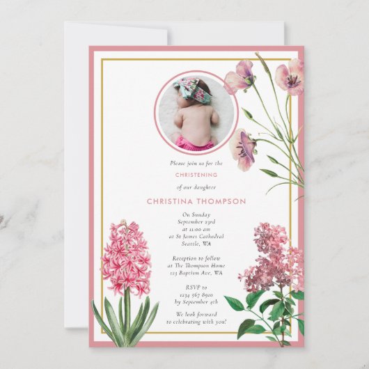 Rosa Botanische Goldtaufe Christening Girl Foto Einladung (Vorderseite)