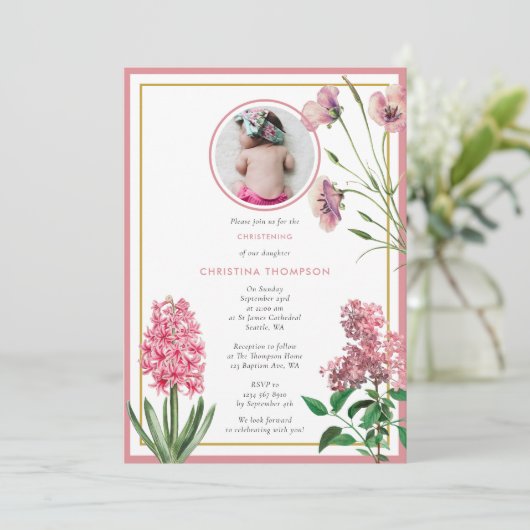 Rosa Botanische Goldtaufe Christening Girl Foto Einladung (Stehend Vorderseite)