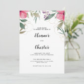 Rosa botanische Hochzeit mit Blumen Einladung (Stehend Vorderseite)