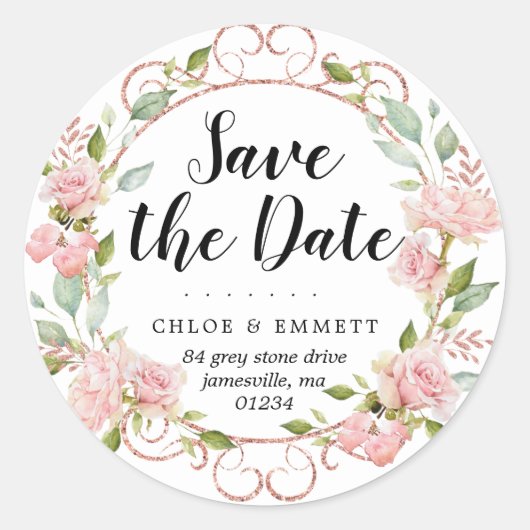 Rosa botanische Save the Date Rücksendeadressen-Au Runder Aufkleber (Vorderseite)