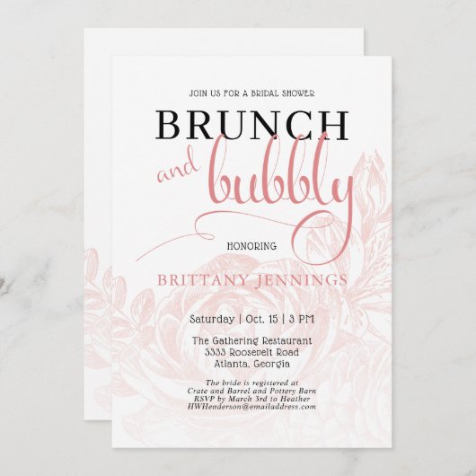 Rosa Botanischer Brunch und Bubbly Brautparty Einladung (Vorne/Hinten)