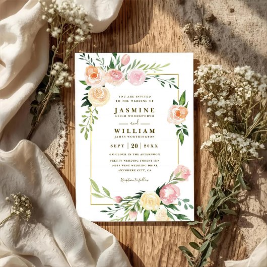 Rosa botanischer Kranz rustikale QR-Code-Hochzeit Einladung
