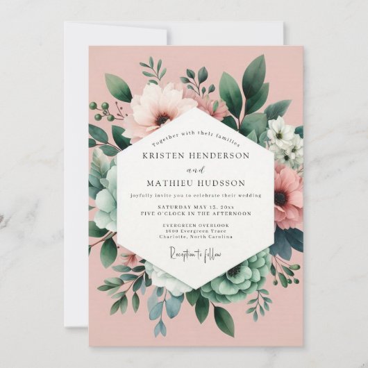 Rosa Botanischer Traumhochzeit Einladung (Vorderseite)