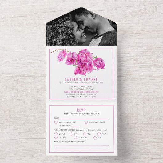 Rosa Bougainvillea Aquarell Hochzeit RSVP Optionen All In One Einladung (Innen Boden)