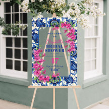 Rosa Bougainvillea Blaue Fliesen Hochzeitsdusche W