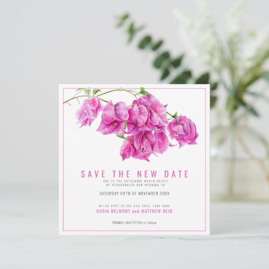 Rosa Bougainvillea rettete das neue Datum Hochzeit Save The Date (Stehend Vorderseite)