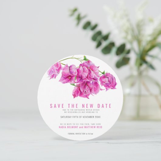 Rosa Bougainvillea rettete das neue Datum Hochzeit Save The Date (Stehend Vorderseite)