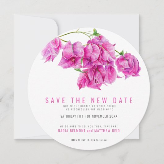 Rosa Bougainvillea rettete das neue Datum Hochzeit Save The Date (Vorderseite)