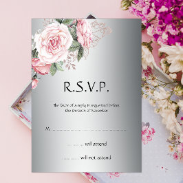 Rosa Bouquet und Silver Elegance Wedding RSVP Einladung