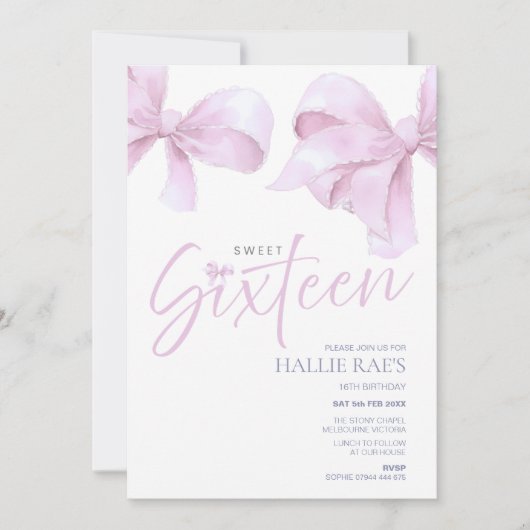 Rosa Bow 16 . Geburtstag Einladung, 16. Geburtstag Einladung (Vorderseite)