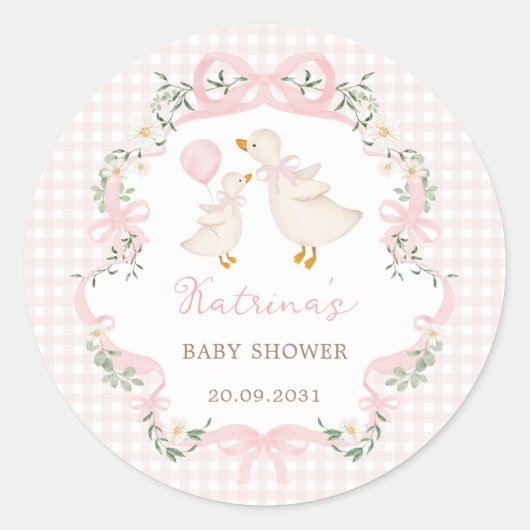 Rosa Bow Albern Gänse Coquette Floral Baby Dusche Runder Aufkleber (Vorderseite)