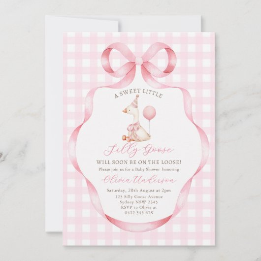 Rosa Bow Albern Gänse Kinderdusche Einladung (Vorderseite)