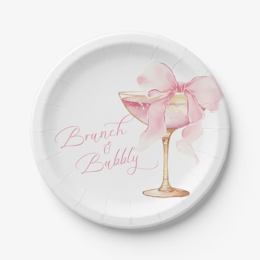 Rosa Bow Brunch und Bubbly Brautparty-Teller Pappteller (Vorderseite)