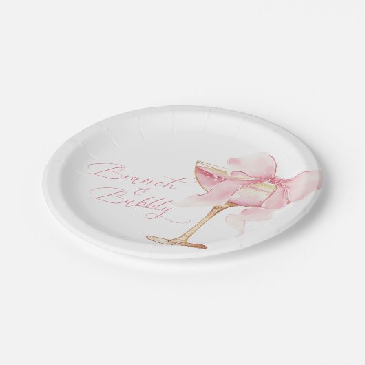 Rosa Bow Brunch und Bubbly Brautparty-Teller Pappteller (Schrägansicht)