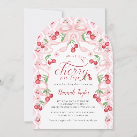 Rosa Bow Cherry Baby Dusche Einladung (Vorderseite)