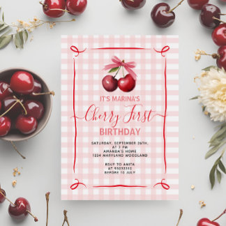 Rosa Bow Cherry Einladung zum ersten Geburtstag