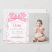 Rosa Bow Coquette 1. Geburtstag Party Foto Einladung (Vorderseite)