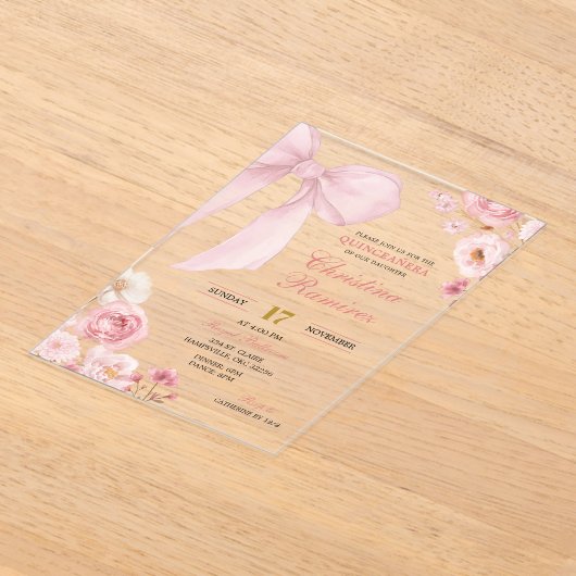Rosa Bow Coquette Blumenstrauß Quinceanera Acryleinladungen (Ablage )