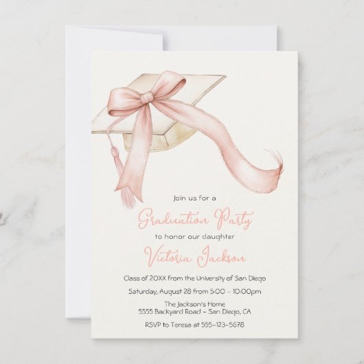 Rosa Bow Coquette Girly Graduation Cap Einladung (Vorderseite)