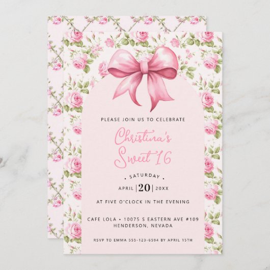 Rosa Bow Coquette Sweet 16 Einladung (Vorne/Hinten)