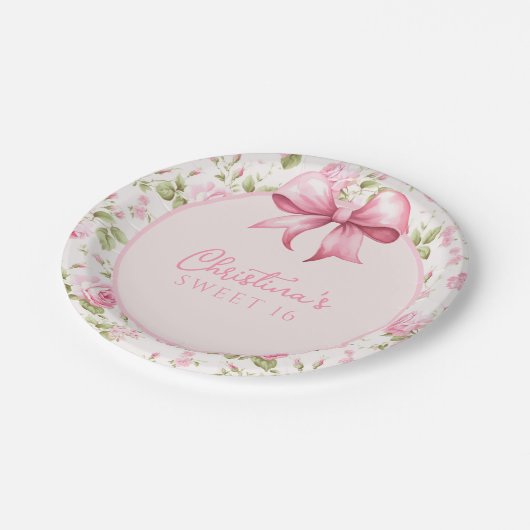 Rosa Bow Coquette Sweet 16 Pappteller (Schrägansicht)