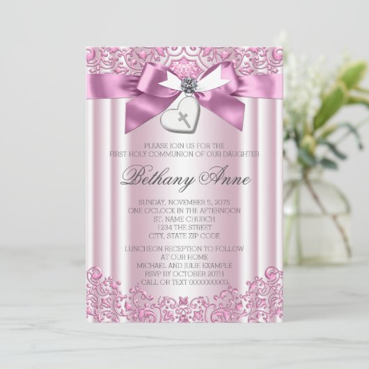 Rosa Bow Cross Erste Kommune Einladung (Stehend Vorderseite)