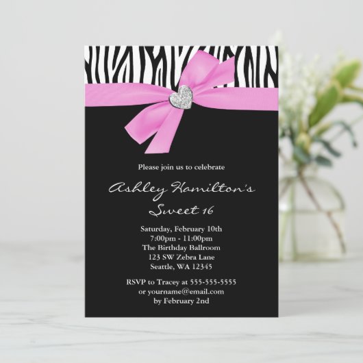 Rosa Bow Diamond Herz Zebra Süß 16 Einladung (Stehend Vorderseite)