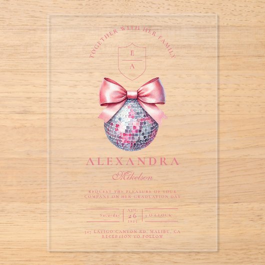 Rosa Bow Disco Ball Graduation Party Acryleinladungen (Vorderseite)