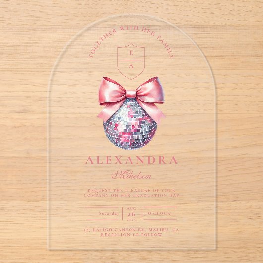 Rosa Bow Disco Ball Graduation Party Acryleinladungen (Vorderseite)
