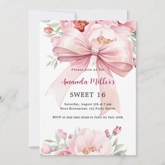Rosa Bow Florals Sweet 16 Einladung (Vorderseite)