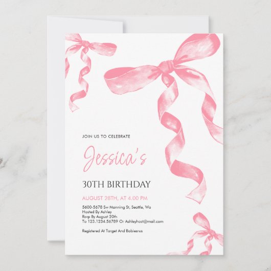 Rosa Bow Geburtstagseinladung Einladung (Vorderseite)