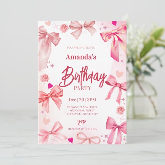 Rosa Bow Geburtstagsparty Einladung (Stehend Vorderseite)