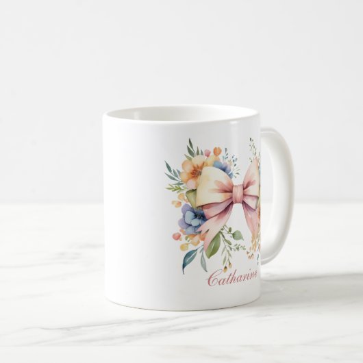 Rosa Bow Monogram Coquette Wasserfarbe Blume Kaffeetasse (VorderseiteRechts)