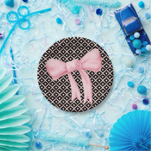 Rosa Bow Monogram Herz Pappteller (Party)