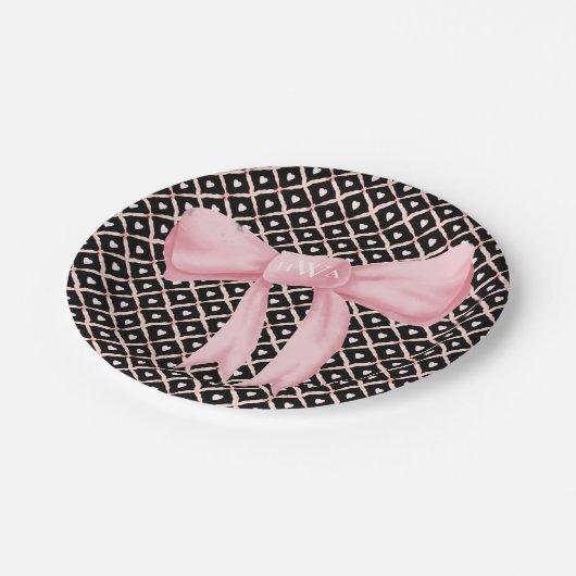 Rosa Bow Monogram Herz Pappteller (Schrägansicht)
