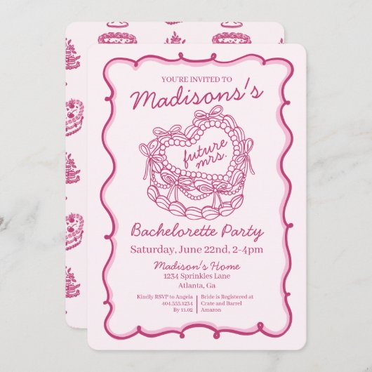 Rosa Bow Retro Herz Coquette Bacheloretto Einladung (Vorne/Hinten)