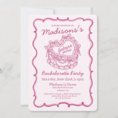 Rosa Bow Retro Herz Coquette Bacheloretto Einladung (Vorderseite)