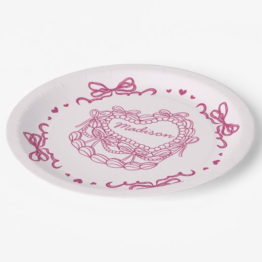 Rosa Bow Retro Herz Coquette Personalisiert Pappteller (Schrägansicht)