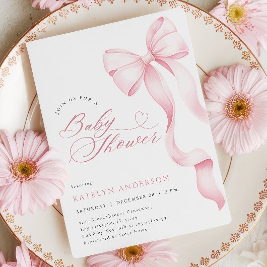 Rosa Bow Ribbon Babydusche Einladung