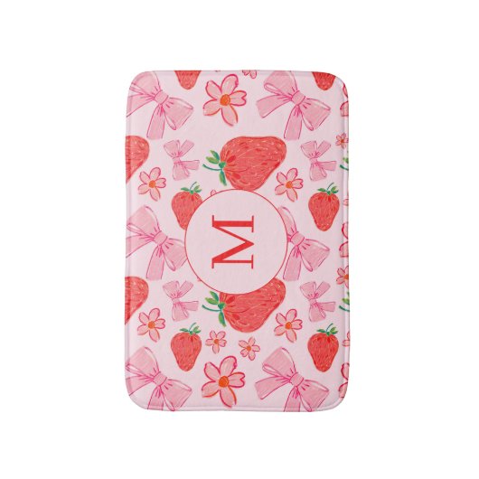 Rosa Bow & Strawberry Girly Monogram Bath Mat Badematte (Vorderseite Vertikal)