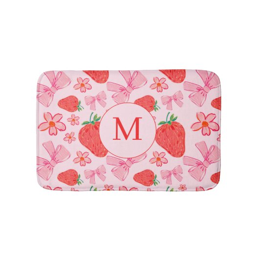 Rosa Bow & Strawberry Girly Monogram Bath Mat Badematte (Vorderseite)
