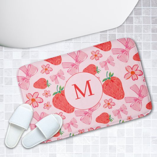 Rosa Bow & Strawberry Girly Monogram Bath Mat Badematte