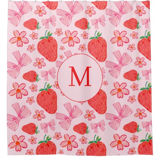 Rosa Bow & Strawberry Monogram Duschvorhang (Vorderseite)
