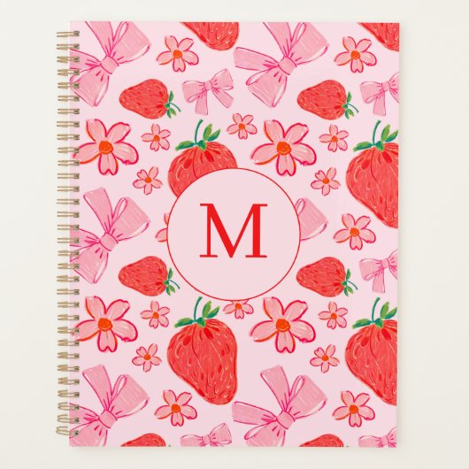 rosa Bow und Strawberry Coquette Muster Monogramm Planer (Vorderseite)