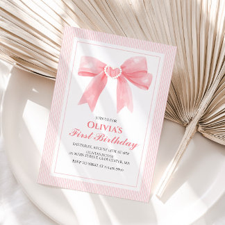 Rosa Bow und Streifen Coquette 1. Geburtstag Einladung
