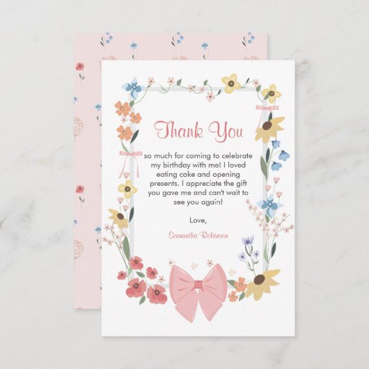 Rosa Bow Wildblume 1. Geburtstag Dankeskarte (Vorne/Hinten)
