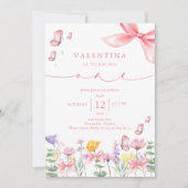 Rosa Bow Wildblume 1. Geburtstag Einladung (Vorderseite)