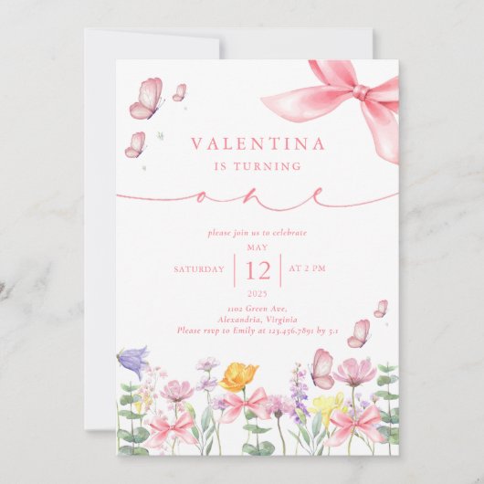 Rosa Bow Wildblume 1. Geburtstag Einladung (Vorderseite)