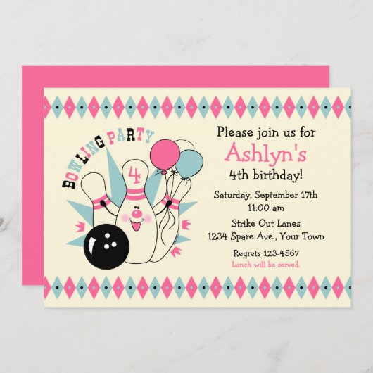Rosa Bowlings-Button-Geburtstag Einladung (Vorne/Hinten)
