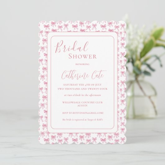 Rosa Bows Bridal Dusche Einladung (Stehend Vorderseite)